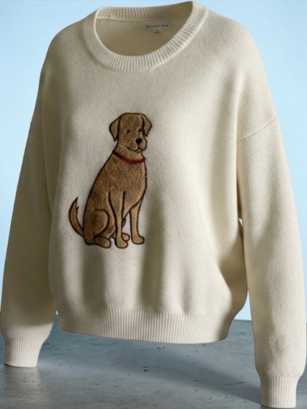 Threaded Leaf Golden Retriever Dog Embroidered Knit Crewneck Sweater Cream XL